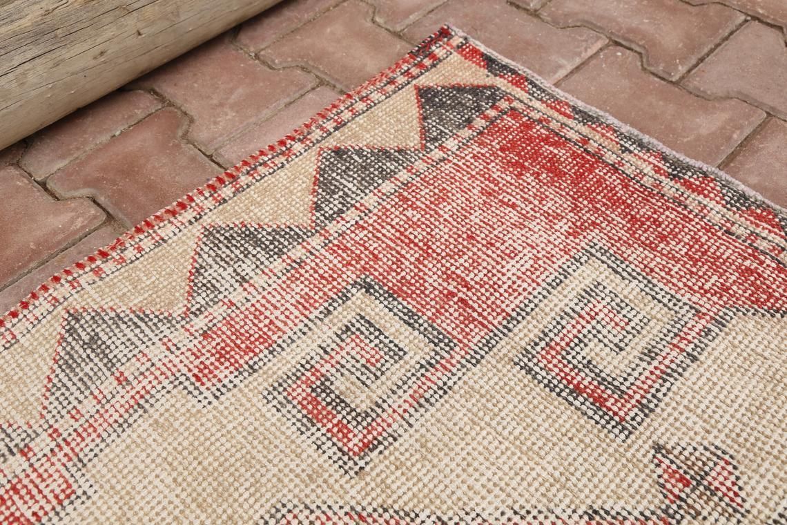Hallway Turkish Runner, Geometric Vintage Wool, Handmade, Oushak Bohemian Faded Red, Distressed Triangle Border Beige Brown Rug photo buy