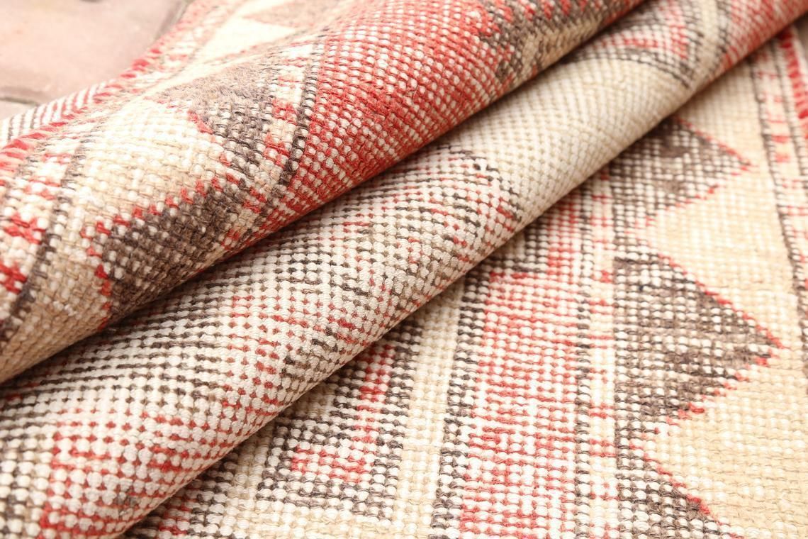 Hallway Turkish Runner, Geometric Vintage Wool, Handmade, Oushak Bohemian Faded Red, Distressed Triangle Border Beige Brown Rug photo vintage