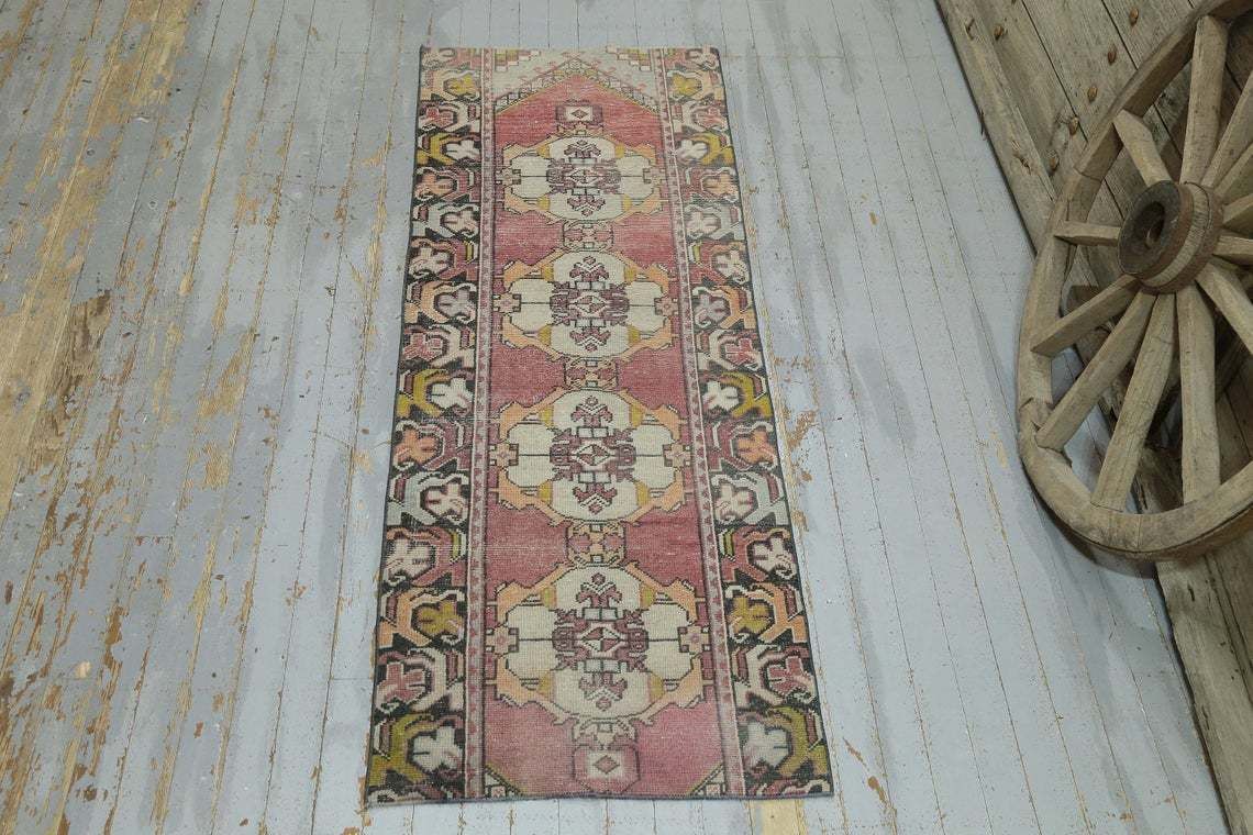 Turkish Vintage Wool Runner, Handmade, Runner Rug, Pink Faded Red Neutral Beige, Natural Ivory, Kitchen Throw Runner Farmhouse Decor