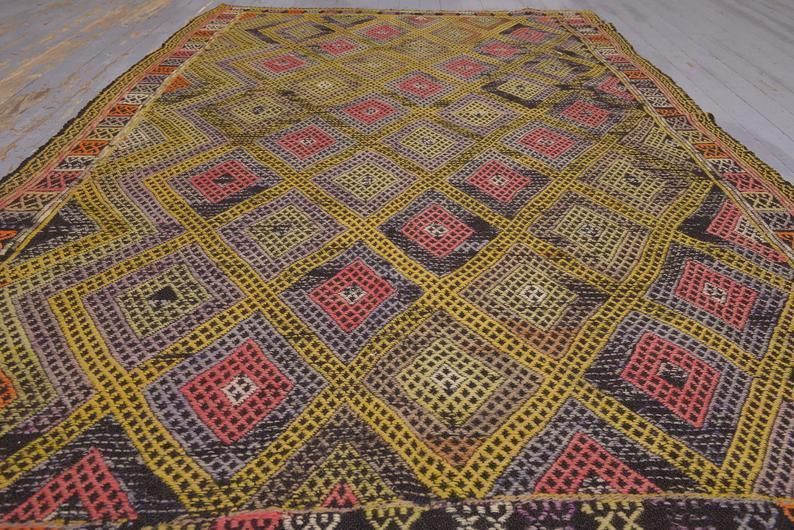 5.3 X7.7, Turkish Kilim Flatweave Area Rug, Vintage Kilim, Oushak Diamond Handmade, Boho Chic, Yellow Farmhouse Decor, Turkish Rug, Kelim photo furniture