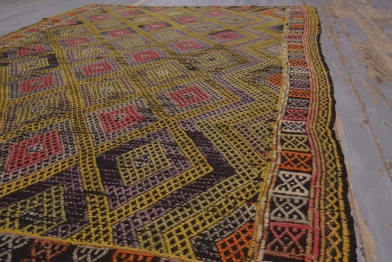 5.3 X7.7, Turkish Kilim Flatweave Area Rug, Vintage Kilim, Oushak Diamond Handmade, Boho Chic, Yellow Farmhouse Decor, Turkish Rug, Kelim photo Textiles