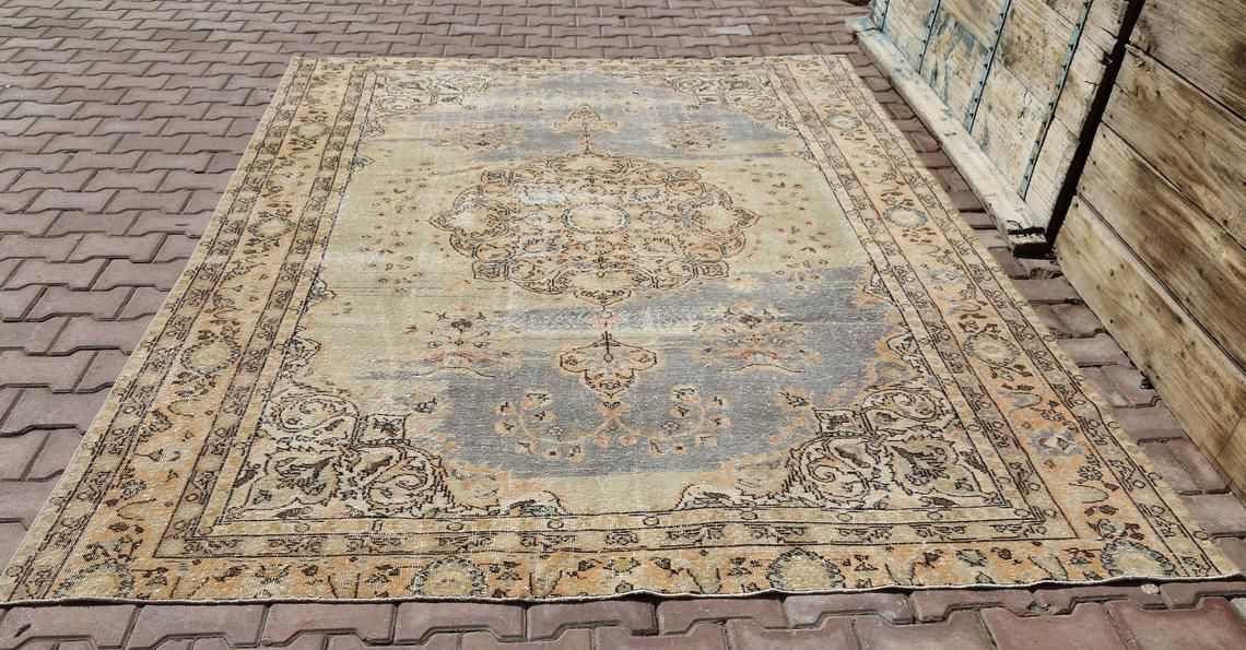 Turkish Vintage Rug, Area Oushak Rug, Beige Gray, Oriental Traditional Rug, Yellow Beige Wool Rug, Rugs Turkish, Turkey