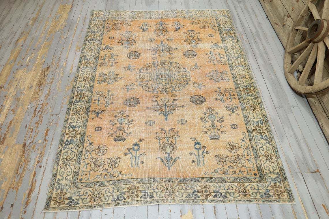 Turkish Rug, Bohemian Rug, Oushak Antique Orange Faded Teal Motif Rug, Area Rug, Oriental, Carpet, Rare, Rugs, Antique, Unique 6.3x9.3 photo furniture