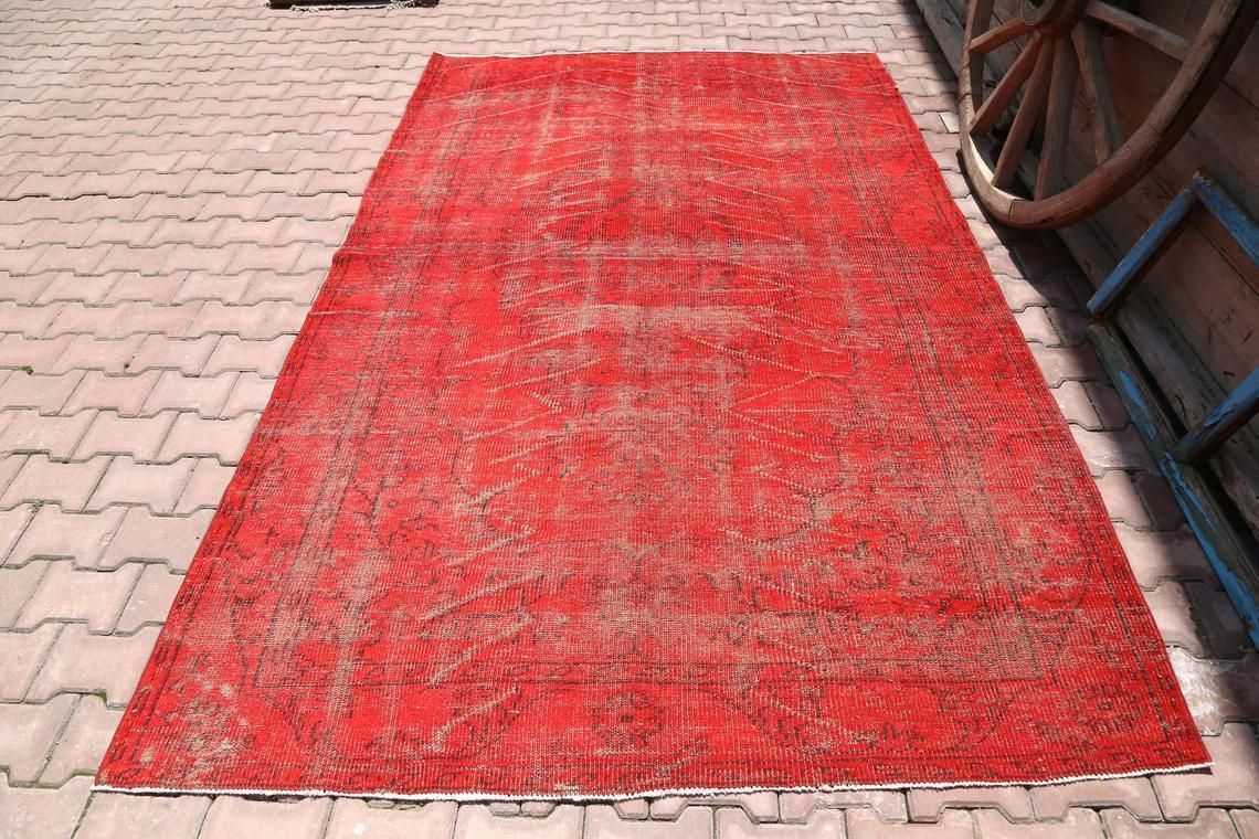 Turkish Rug, Red, Handmade, Modern, Home Decor, Red Decor, Rugs, Living Room Rug, Vintage Rug, Overdyed Oushak Rug, 5.9x9.6