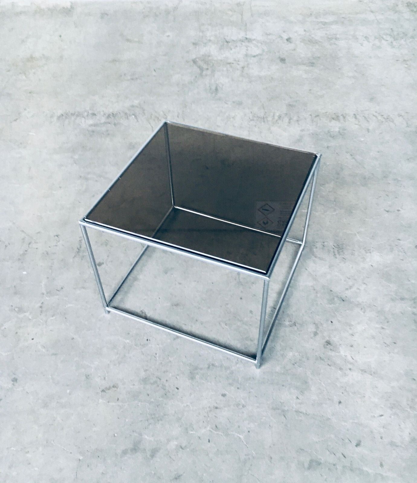 1970s Sleek Design Metal & Fumé Glass Square Side Table photo vintage