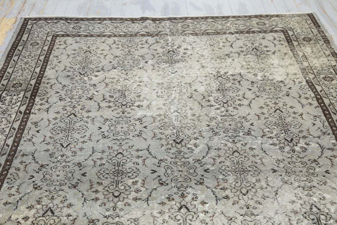 Fossil Rug, Handmade Turkish Rug, Anatolian Oushak Rug, Turkey Vintage Area Rug, Hand Knotted Gray Brown Distressed Floral Rug photo buy