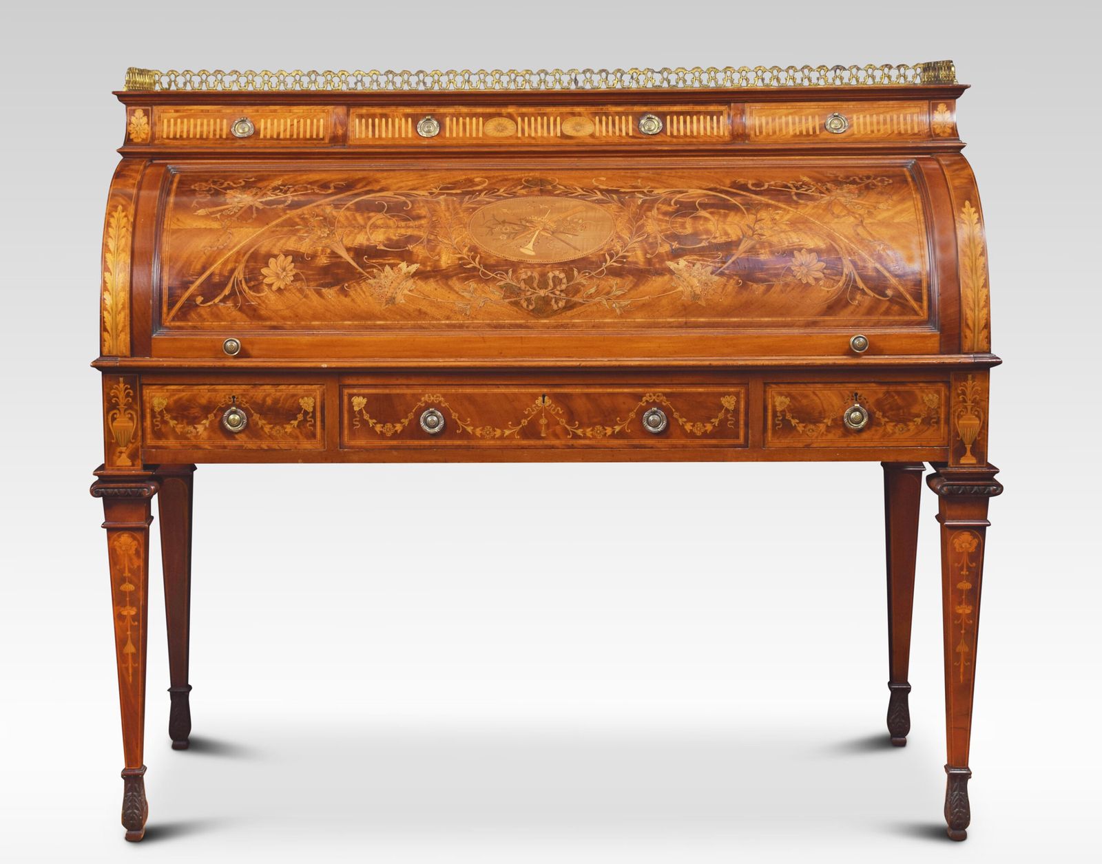 Substantial Sheraton Revival Marquetry Inlaid Cylinder Bureau