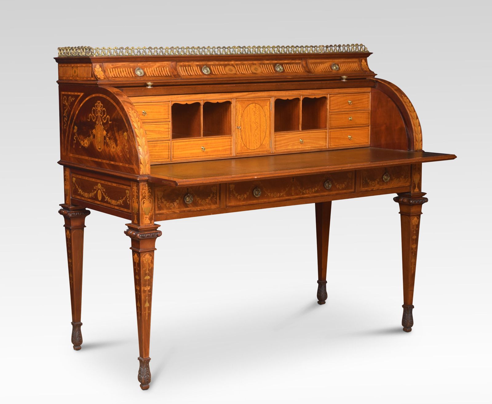 Substantial Sheraton Revival Marquetry Inlaid Cylinder Bureau photo furniture