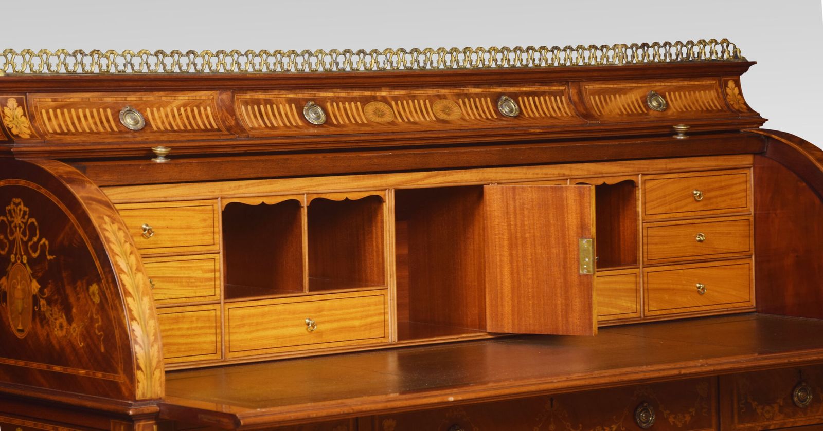 Substantial Sheraton Revival Marquetry Inlaid Cylinder Bureau photo buy