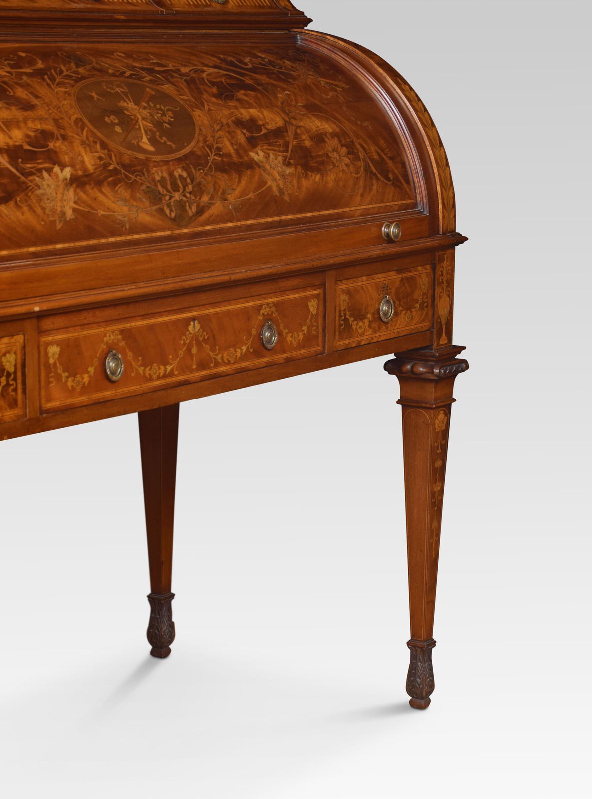 Furniture Substantial Sheraton Revival Marquetry Inlaid Cylinder Bureau photo