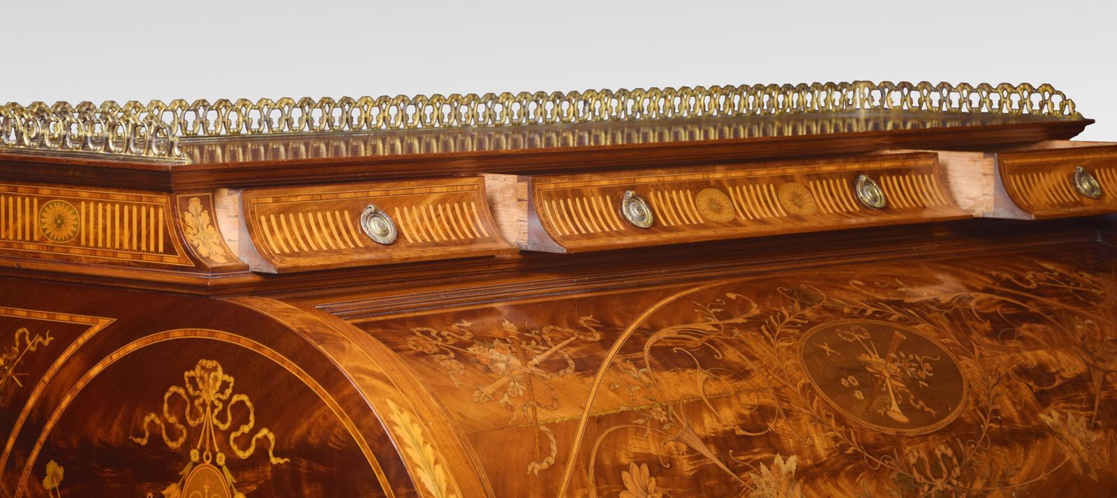 30930.0 Substantial Sheraton Revival Marquetry Inlaid Cylinder Bureau photo