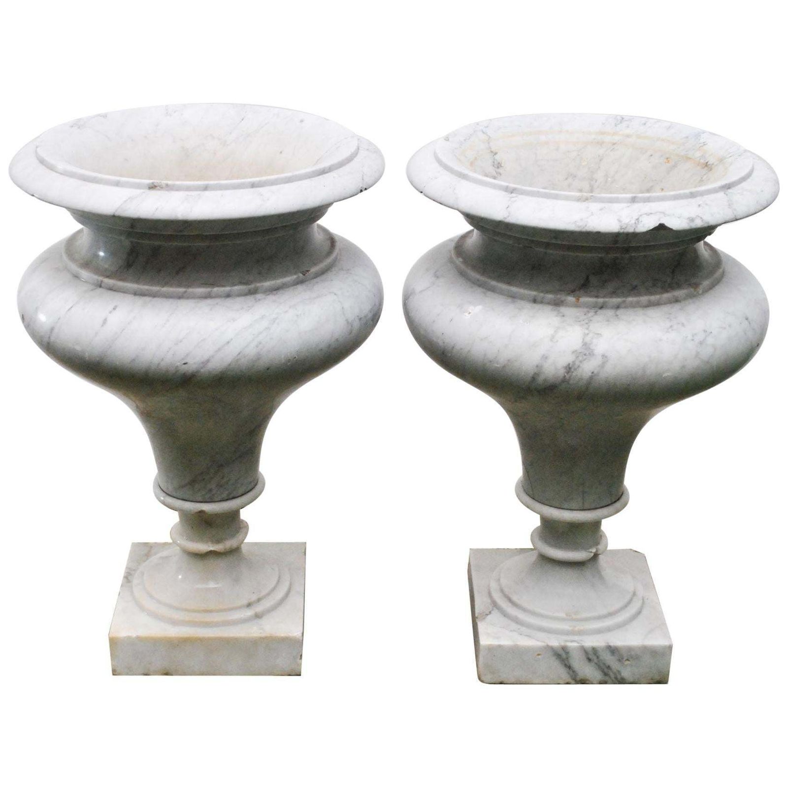 Elegant Pair Of Large Carrara Marble Vases, Period Early 20th Century