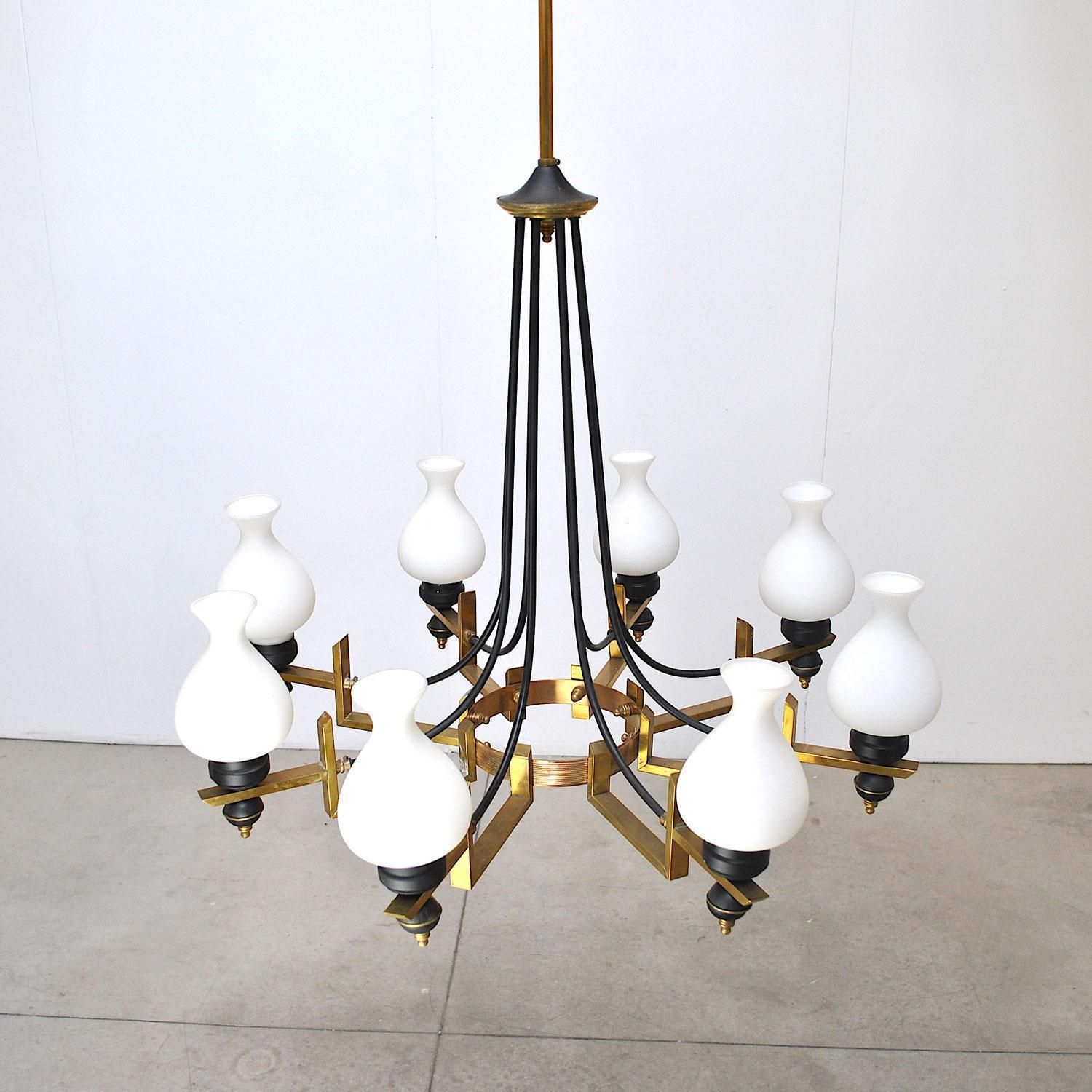 photo furniture Stilnovo Italian Century Chandelier In Brass And Opaline