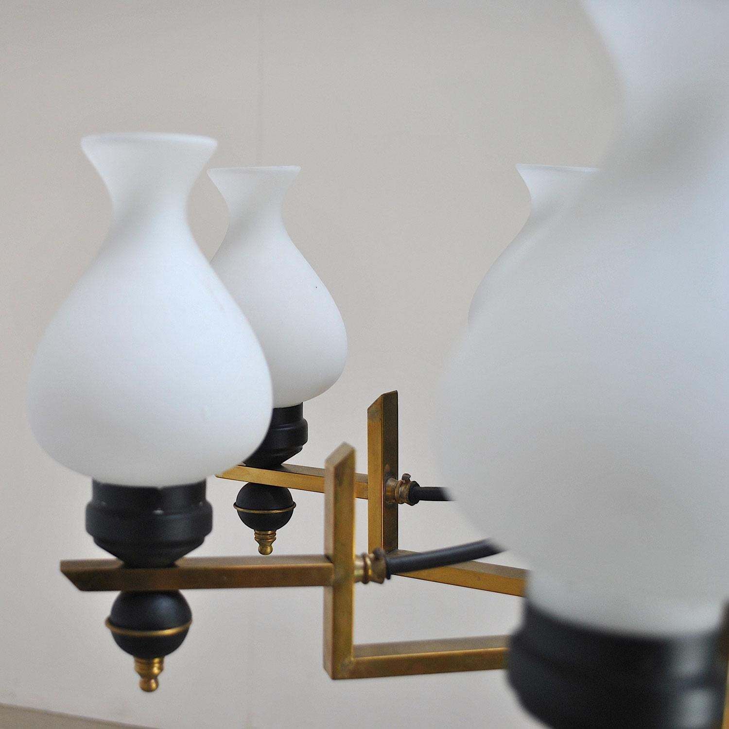 photo for sale Stilnovo Italian Century Chandelier In Brass And Opaline