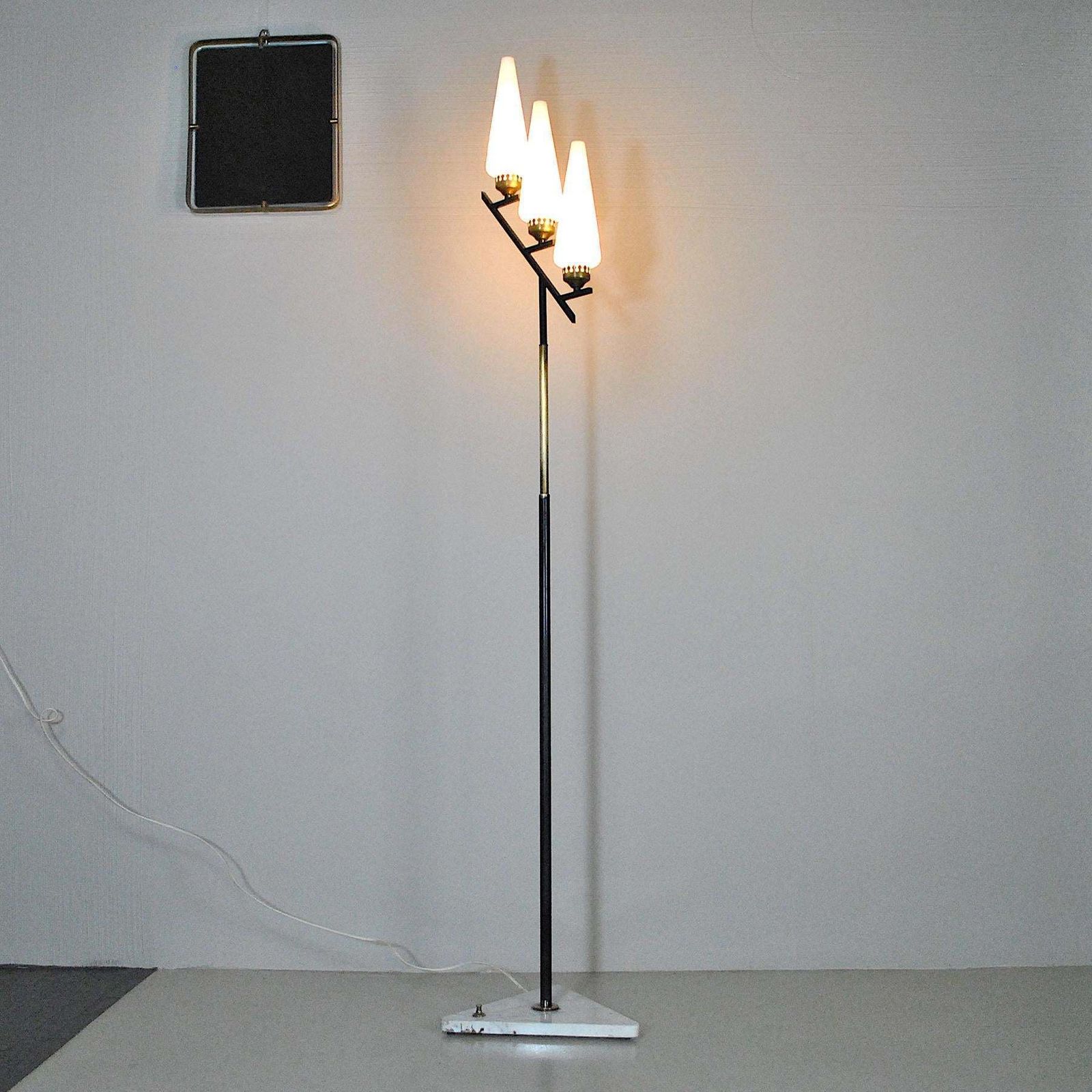 photo for sale Stilnovo Italian Midcentury Floor Lamp In Brass And Opaline From The 1950s
