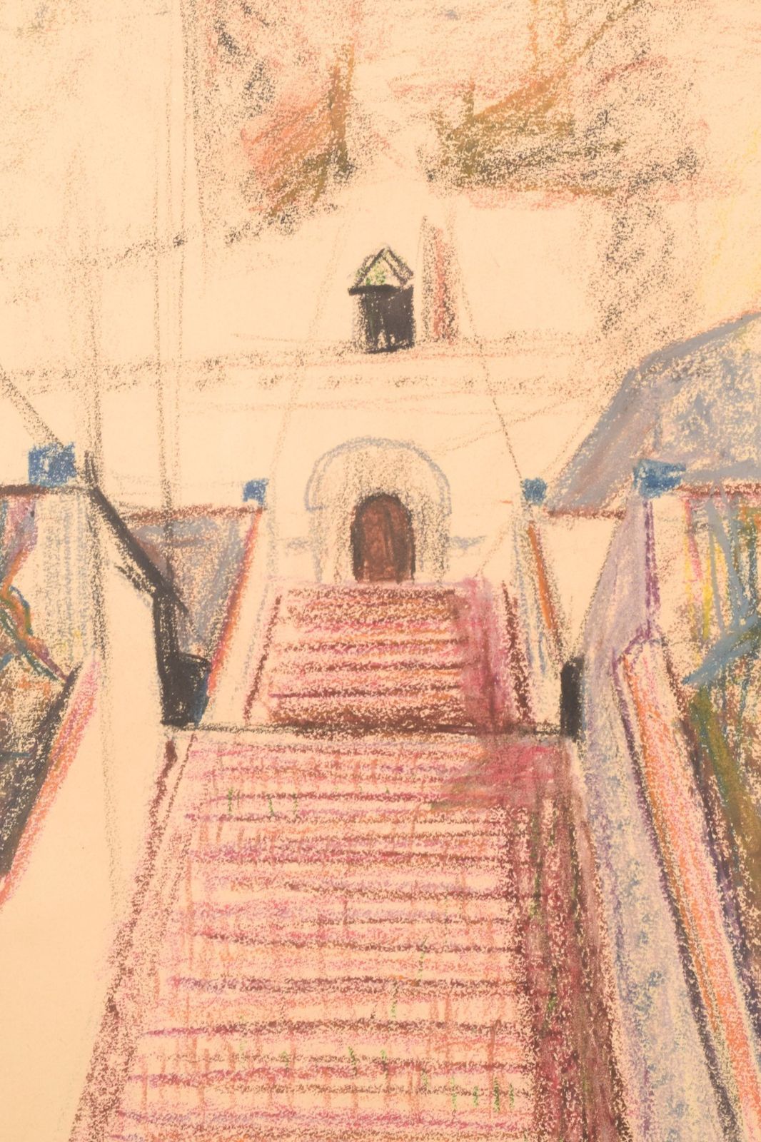 Modernist Coloured Drawing Of A Church And Stairway photo for sale