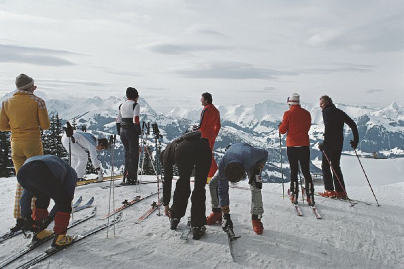 Slim Aarons 'Skiers At Gstaad' 1977 Oversize C Type Print Framed In Black photo furniture