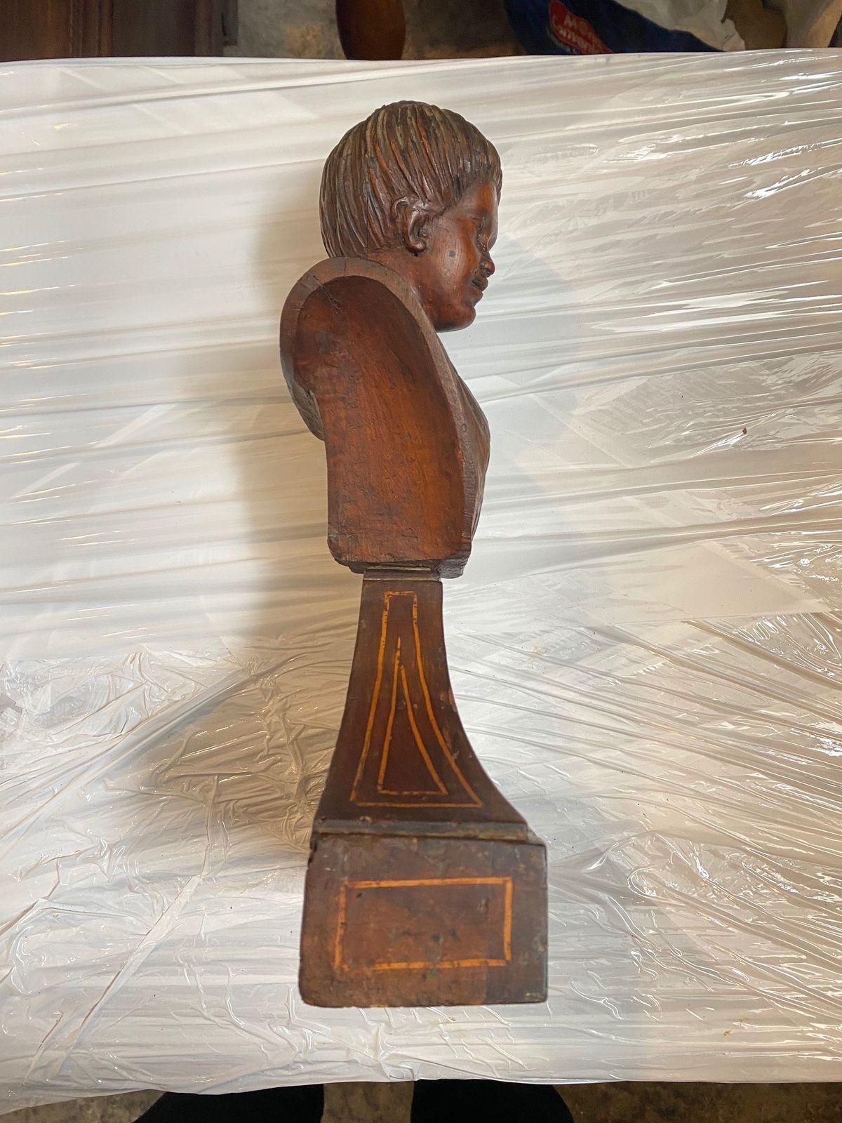 Italian Wooden Sculpture Of A Mid 19th Century Woman's Bust With Purfled Base. photo vintage