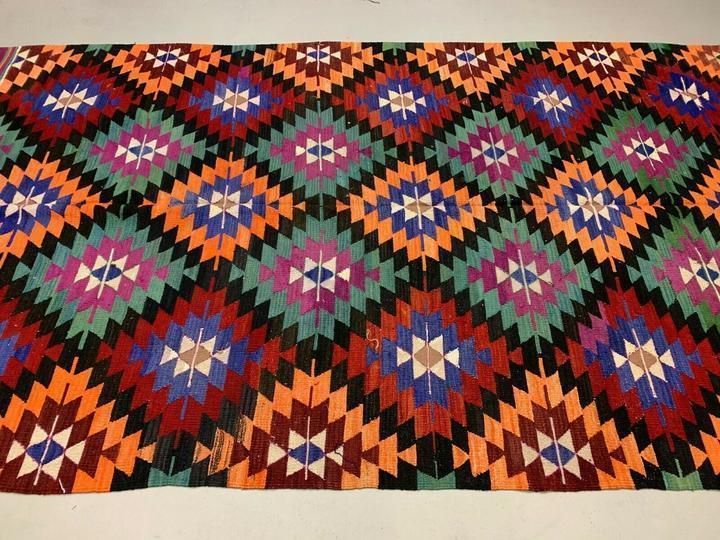 Vintage Turkish Kilim Rug 340x188 Cm Wool Large Red Orange Black Green photo Textiles