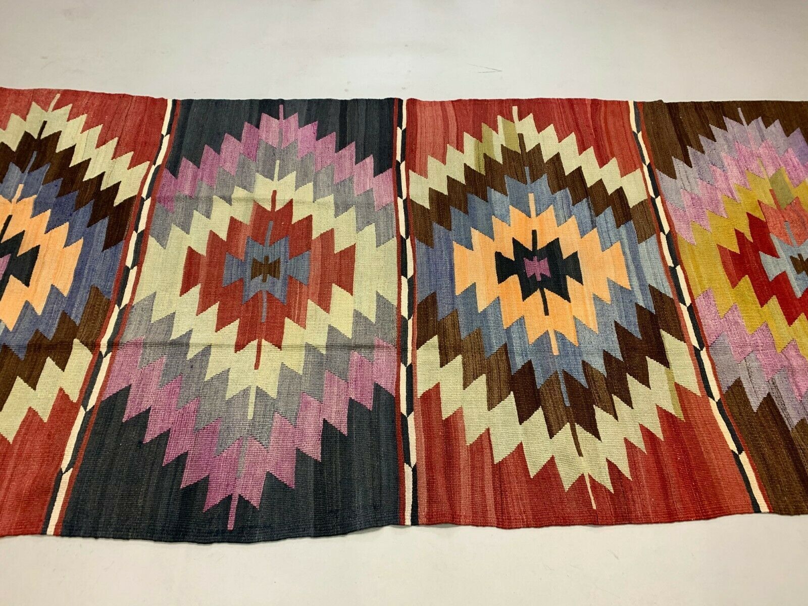 Vintage Turkish Kilim 315x139 Cm Wool Kelim Rug Large, Purple, Red, Black, Blue photo for sale