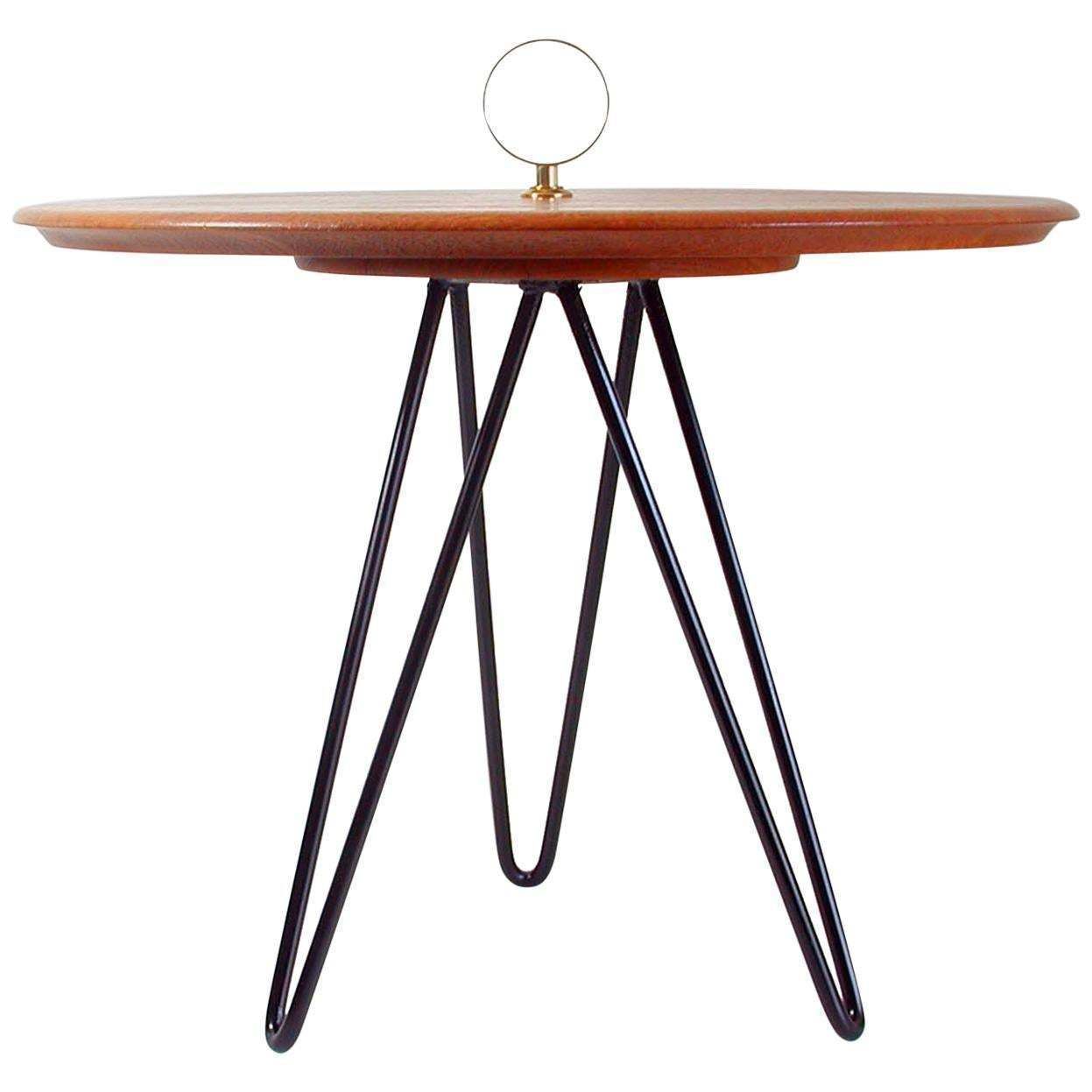 Midcentury Teak, Brass And Cast Iron Tripod Side Table By Digsmed, Denmark