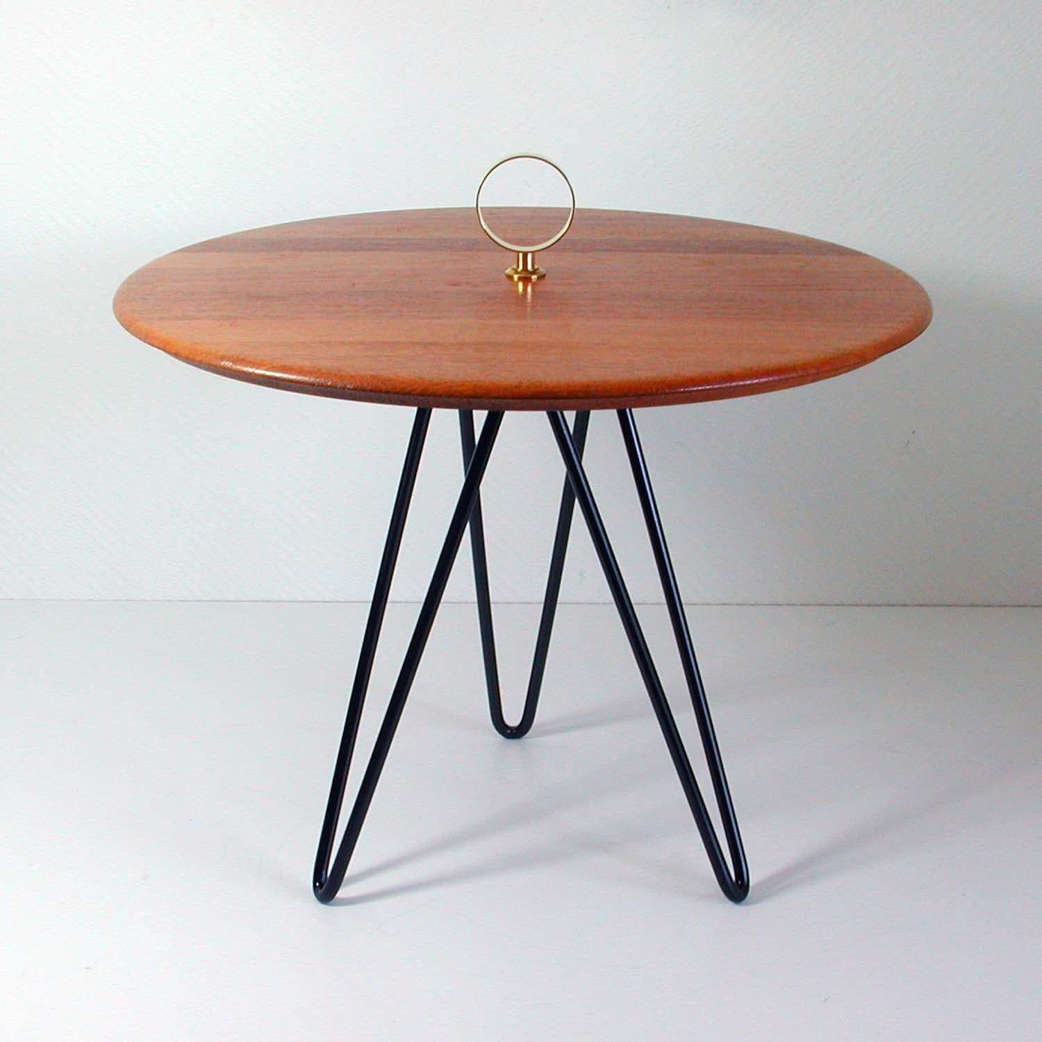Midcentury Teak, Brass And Cast Iron Tripod Side Table By Digsmed, Denmark photo for sale