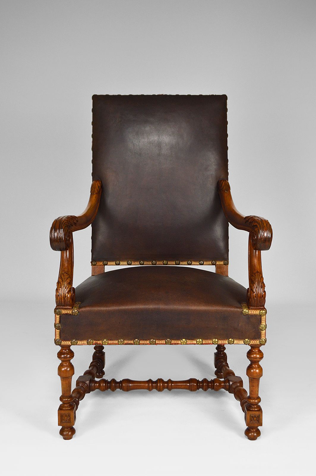Louis XIII Style Desk Chair In Leather And Carved Walnut, 1860s photo furniture