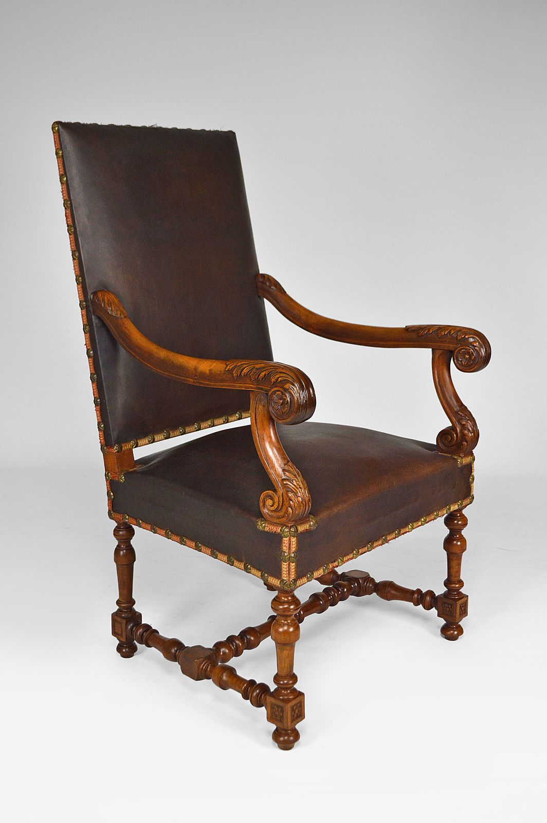 Louis XIII Style Desk Chair In Leather And Carved Walnut, 1860s photo for sale