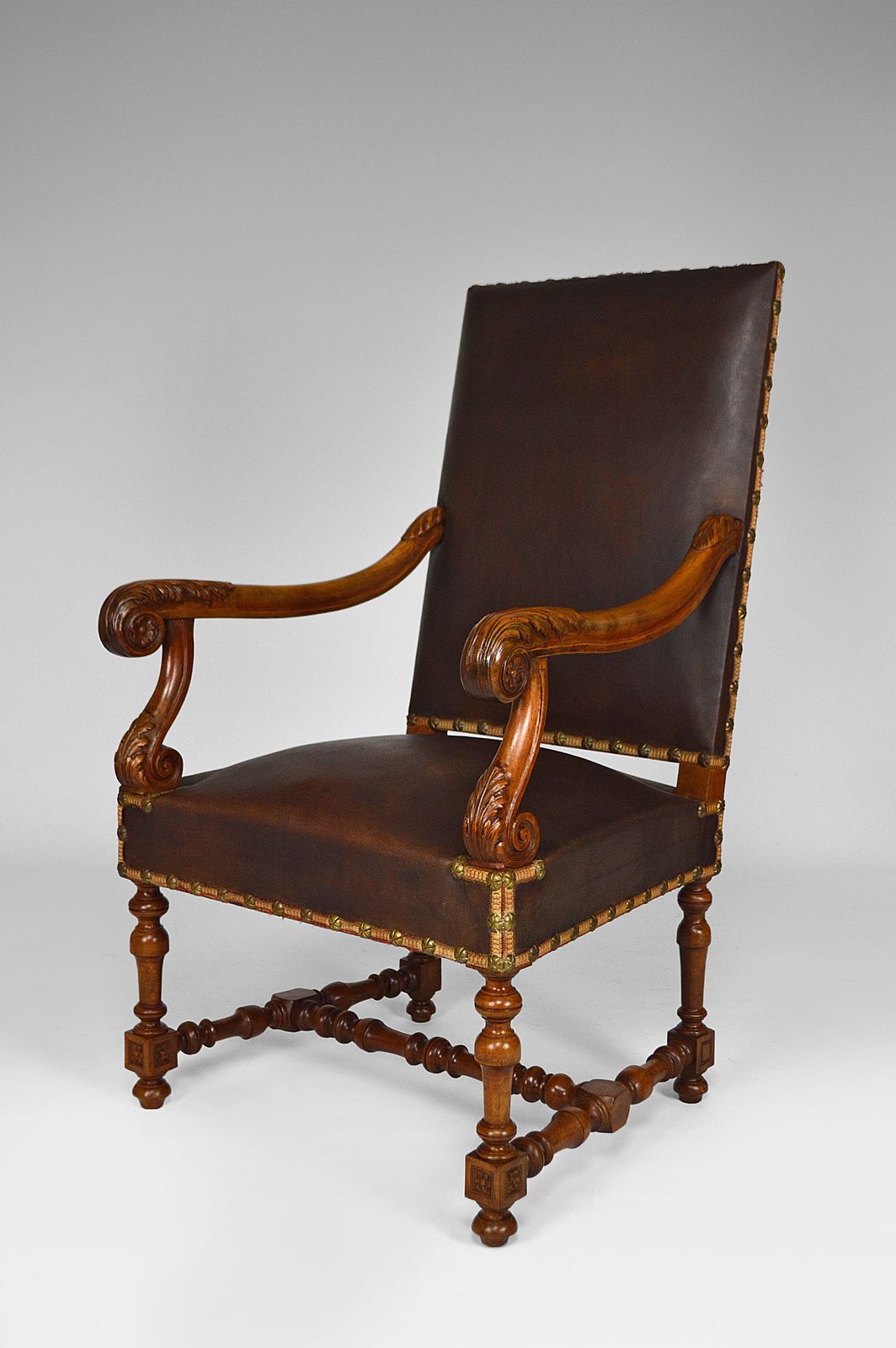 Louis XIII Style Desk Chair In Leather And Carved Walnut, 1860s