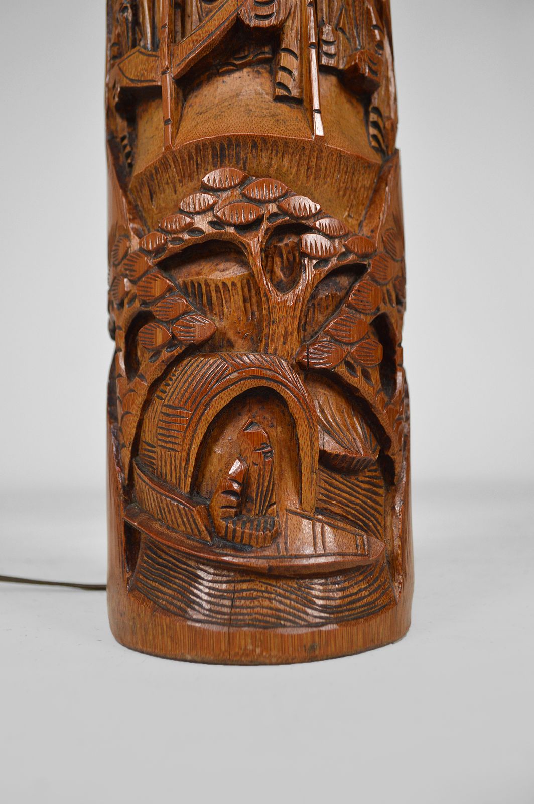 Asian Living Room Table Lamp In Carved Wood, 1940s photo for sale