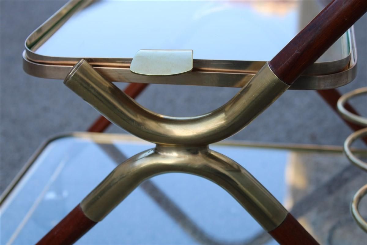 Midcentury Italian Design Bar Cart Wood And Brass Gold Glass Top Removable Tray photo vinterior