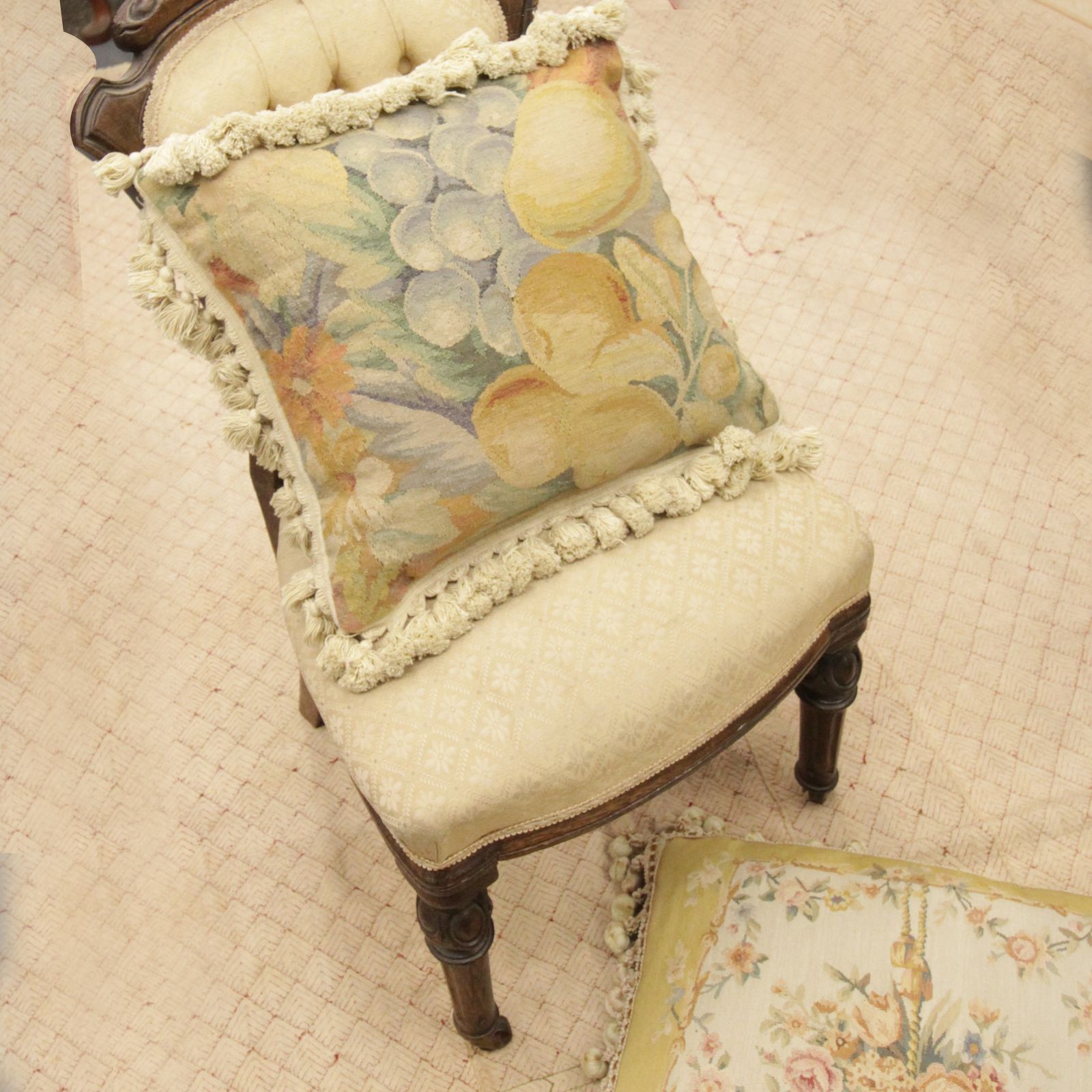 Cream Fruit French Aubusson Cushion Cover, Handwoven Needlepoint Wool Cushion photo furniture