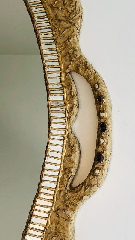By Catherine David. Unusual Mirror Made Of Paper Mache And Mirror Marquetry And Incrustations. Signed. French. Circa 1970 photo vinterior
