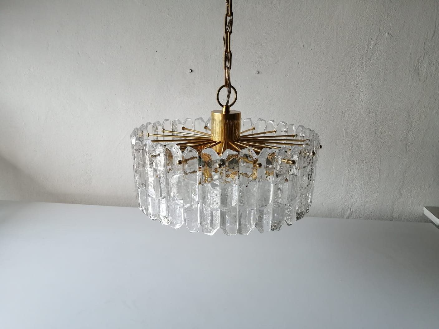 J. T. Kalmar Franken Kg Ice Glass & Brass Chandelier 1970s Austria