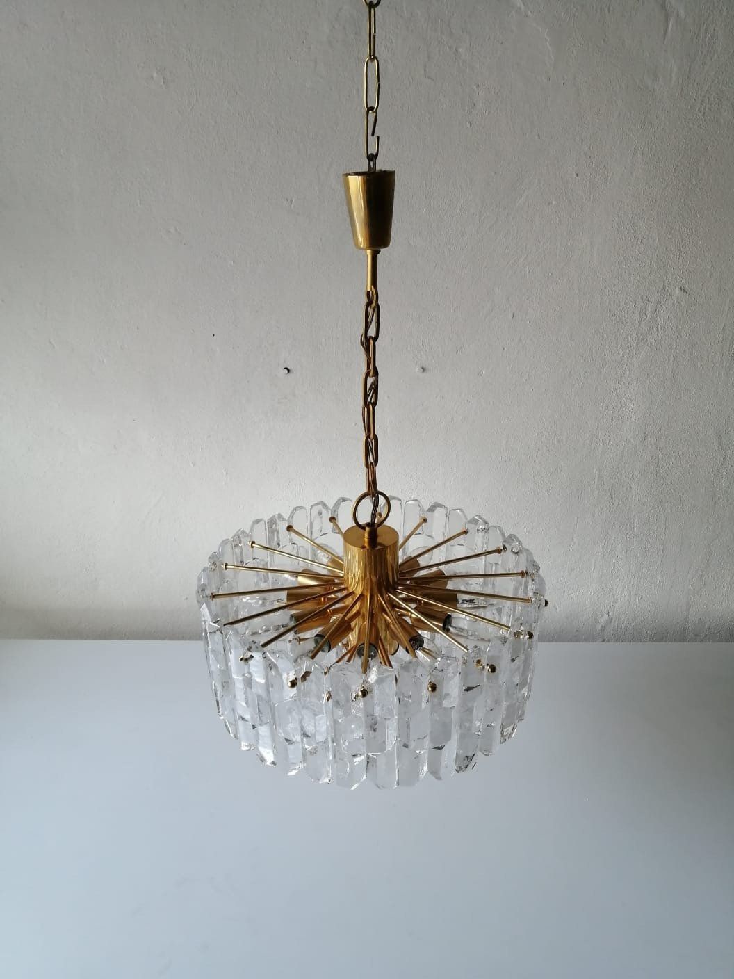 J. T. Kalmar Franken Kg Ice Glass & Brass Chandelier 1970s Austria photo 4884.36