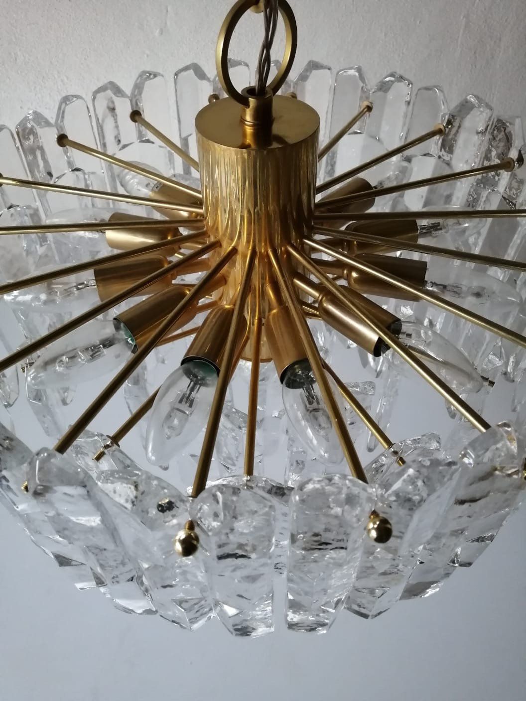 J. T. Kalmar Franken Kg Ice Glass & Brass Chandelier 1970s Austria photo buy