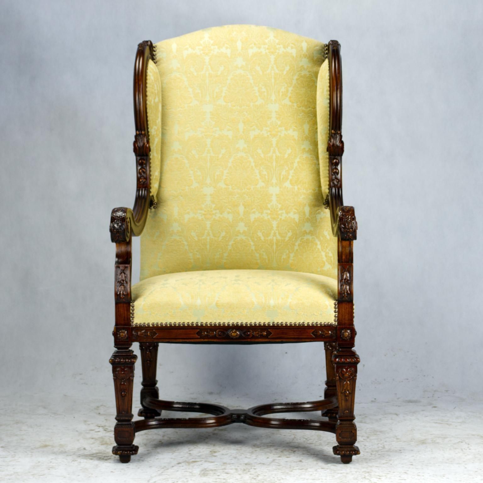 Fully Restored Hand Carved French Louis XIV Walnut Wingback Armchair, 1800s photo furniture