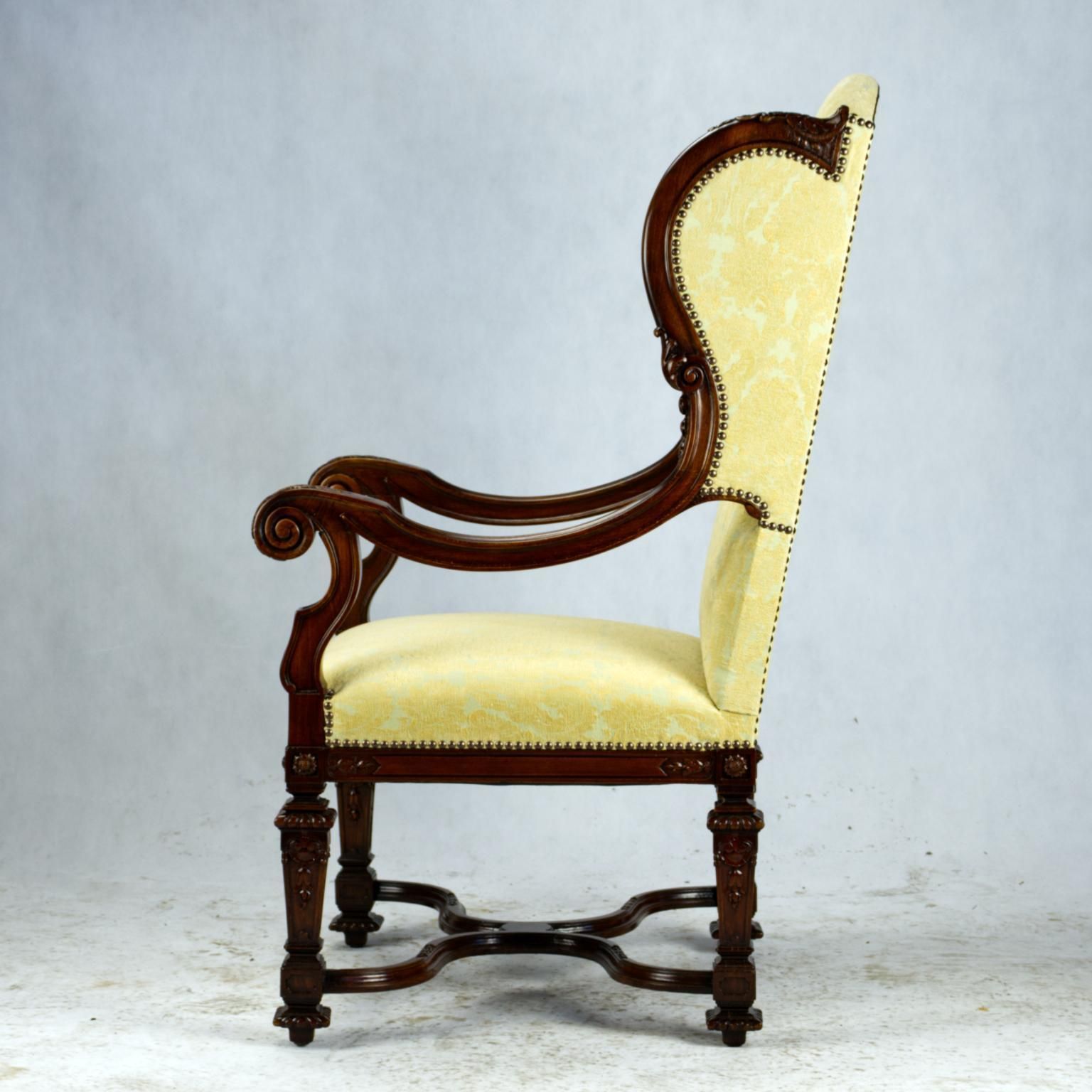 Fully Restored Hand Carved French Louis XIV Walnut Wingback Armchair, 1800s photo vinterior