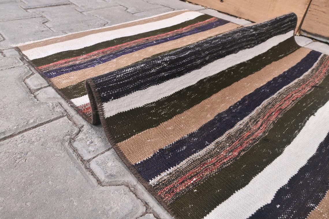 2’0” X 2’8” Ft Handmade Turkish Vintage Oushak Kilim, Door Mat Kilim, Handmade Wool Oriental Doormat, Brown Black Mini Kilim, One Of A Kind photo Textiles