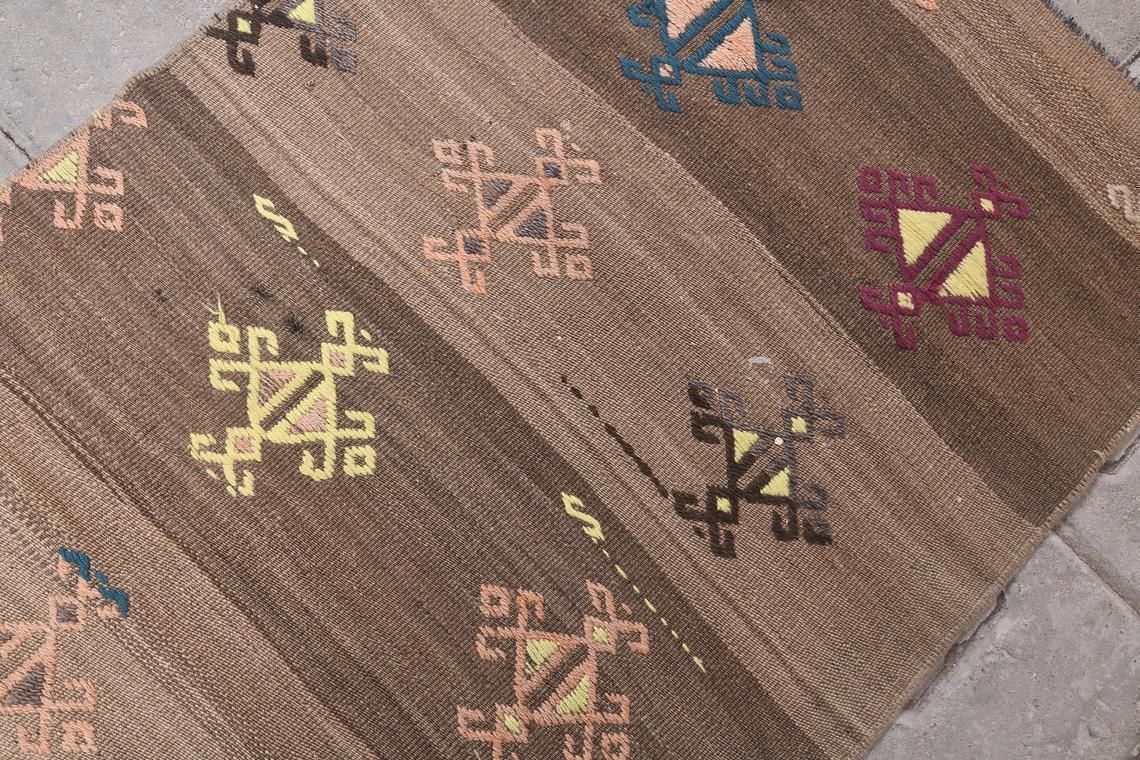 2’0” X 2’8” Ft Handmade Turkish Vintage Striped Oushak Rugs, Door Mat Carpet, Handmade Wool Oriental Doormat, Brown Mini Rug, One Of A Kind photo for sale