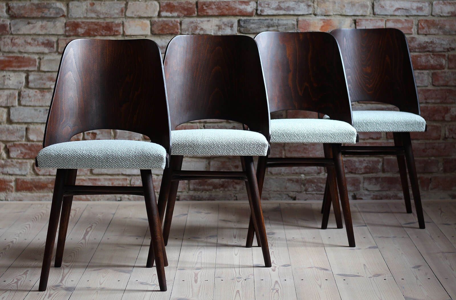 Set Of 4 Dining Chairs By Radomir Hofman For Ton, Model 514, Reupholstered In Creamy Mint Boucle By Sahco photo Furniture