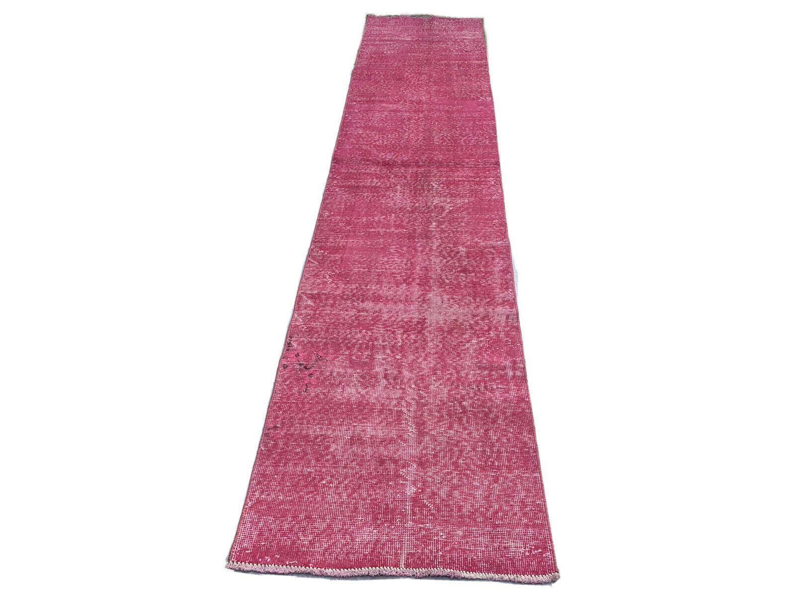Distressed Turkish Narrow Runner Wool Vintage Rug, Over Dyed Pink