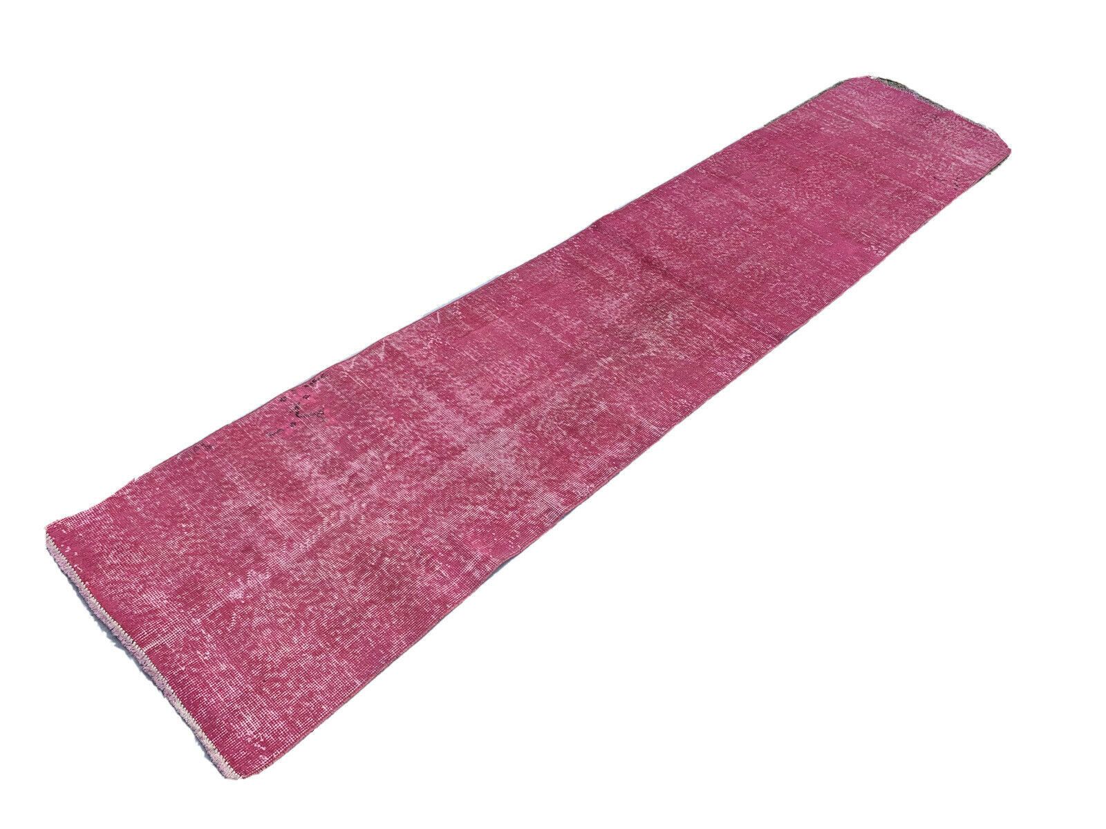 Distressed Turkish Narrow Runner Wool Vintage Rug, Over Dyed Pink photo for sale