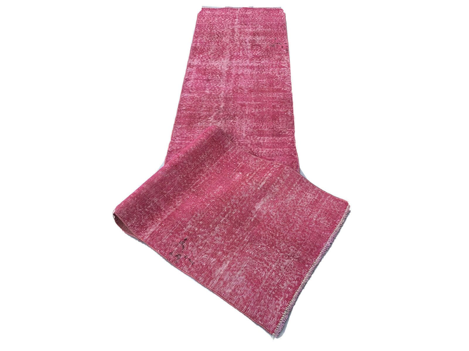 photo for sale Distressed Turkish Narrow Runner Wool Vintage Rug, Over Dyed Pink