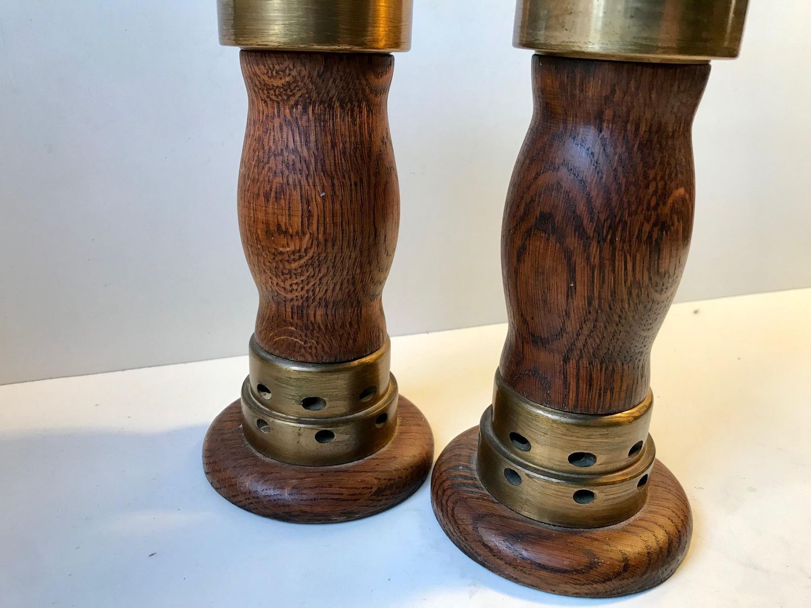 Vintage Danish Church Candleholders In Oak And Bronze, 1950s, Set Of 2 photo Home Decor