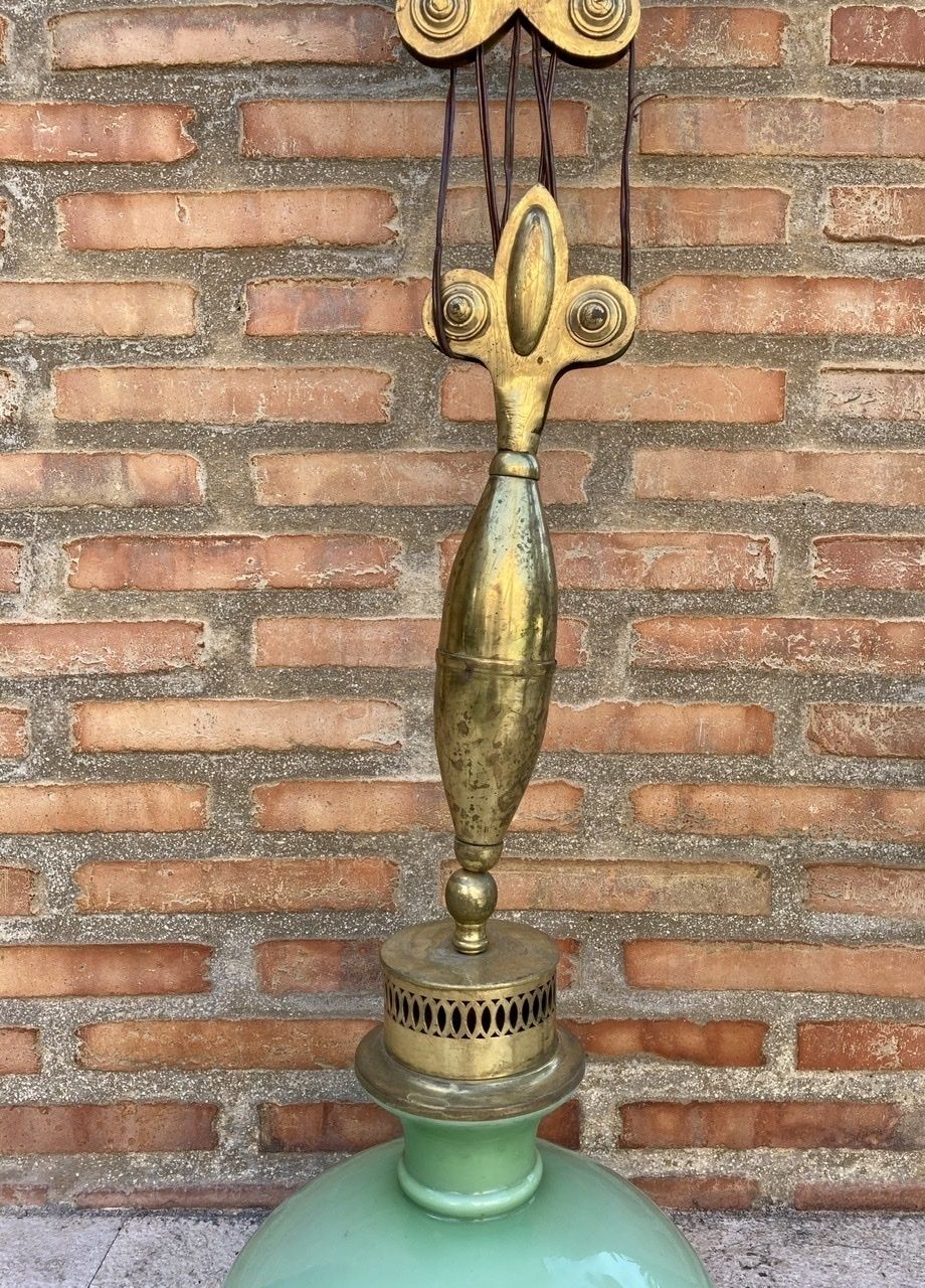 Mid Century Pulley Pendant Lamp With Opaline Green Crystal And Brass photo buy