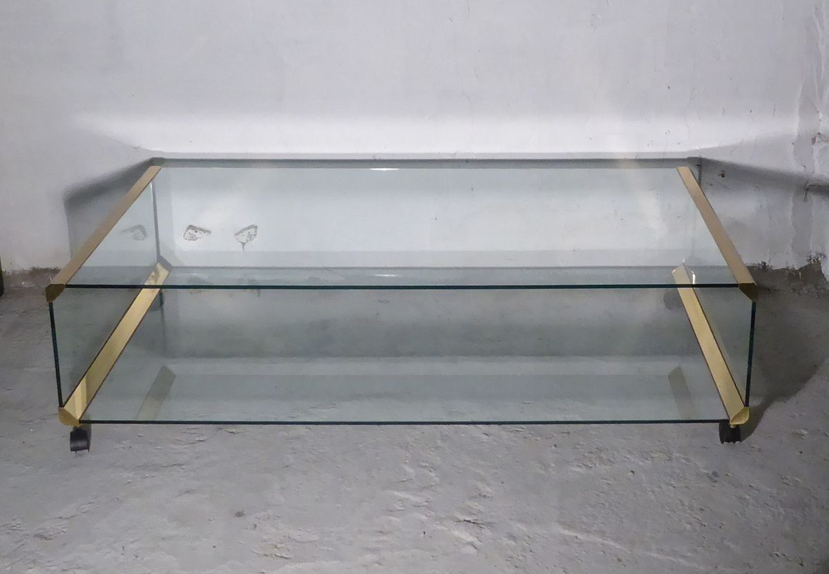 Large Glass & Gilded Brass Coffee Table By Pierangelo Gallotti For Gallotti & Radice, 1970s
