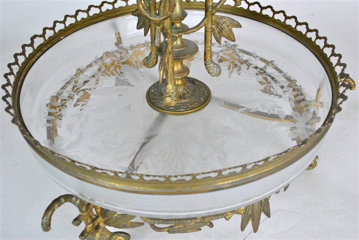 photo furniture Tafelstuk in brons en glas, bamboe en olifantenkoppen, toegeschreven aan Giroux, 19e eeuw