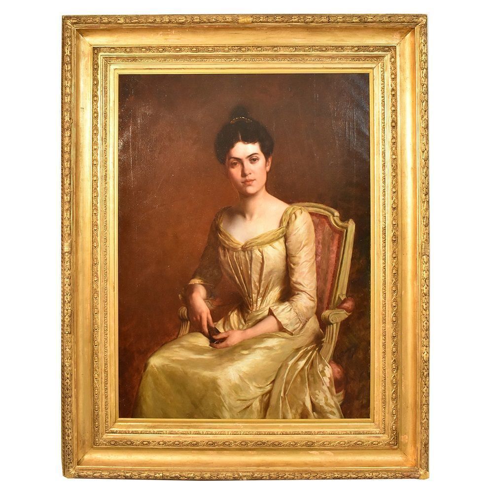 Antique Painting, Elegant Woman Portrait Painting, French Oil Painting On Canvas, 19 Th Century. (Qr 272)