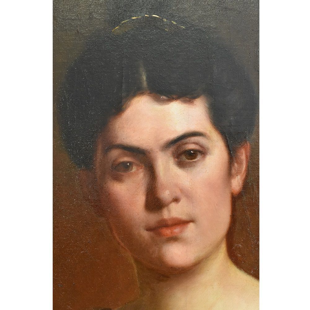 Antique Painting, Elegant Woman Portrait Painting, French Oil Painting On Canvas, 19 Th Century. (Qr 272) photo Art